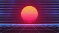 Synthwave Sun. 80s grid background. Retro future advertisement banner template. Retrowave neon backdrop. Dark night sky Royalty Free Stock Photo