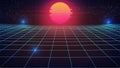 Synthwave Sunset Background. Blue Perspective Grid with Distorted Retro Sun