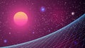 Synthwave Sunset Background. 80s Sun Backdrop. Blue inclined perspective grid with retro Sun on dark starry sky. Retro Futuristic