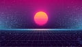 Synthwave Sunset Background. 80s Sun Backdrop. Blue perspective grid with retro Sun on dark starry sky. Retro Futuristic pink