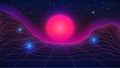 Synthwave sunset background. 80s sun, perspective grid, starry sky backdrop. Abstract futuristic 80 style. Synthwave party flyer