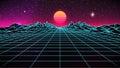 Synthwave Sunset Background. 80s Sun. Wireframe Landscape. Retro Future Perspective Grid. Banner, Poster, Print, Flyer Template