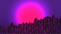 Synthwave sunset background. Sun over low poly 3d computer terrain. Wireframe pink landscape. Party flyer template