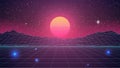 Synthwave Sunset Background. Virtual 3d landscape with Sun