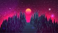 Synthwave Sunset. Perspective grid mountains with pink horizon glow and Sun. 80s style Sunset