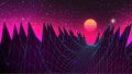 Synthwave Sunset. Perspective grid mountains with pink horizon glow and Sun. 80s style Sunset. Retro futuristic style