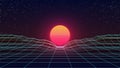 Synthwave Sunset. Retro Futuristic Sun on blue Wireframe landscape