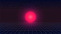 Synthwave Sunset. Virtual 3d scene. Red glowing Sun and perspective grid Royalty Free Stock Photo