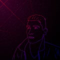 Synthwave Vaporwave Retrowave contour portrait of man. Vector full face man on starry space background with laser grid Royalty Free Stock Photo