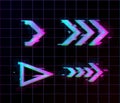 Synthwave vaporwave retrowave Glitch Arrows, pointers, direction Set. Glitch design elements for poster, flyer, cover