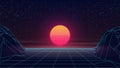 Synthwave virtual Sunset scene. Wireframe valley landscape