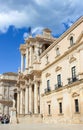 Syracuse, Sicily, Italy - Apr 10th 2019: View of beautiful Syracuse Cathedral from Piazza Duomo Square in Ortygia Island