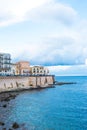 Syracuse, Sicily, Italy Ã¢â¬â August 23, 2018 : Panoramic view of the Ortigia waterfront in Syracuse with the blue sky background Royalty Free Stock Photo