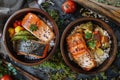 Syrdak, Salmon Steak and Rice on Natural Moss Background, Sea Bass and Red Fish Fillet Royalty Free Stock Photo