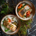 Syrdak, Salmon Steak and Rice on Natural Moss Background, Sea Bass and Red Fish Fillet Royalty Free Stock Photo