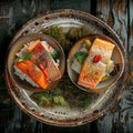 Syrdak, Salmon Steak and Rice on Natural Moss Background, Sea Bass and Red Fish Fillet Royalty Free Stock Photo