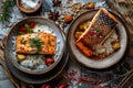 Syrdak, Salmon Steak and Rice on Natural Moss Background, Sea Bass and Red Fish Fillet Royalty Free Stock Photo