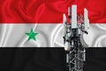Syria flag, background with space for your logo - industrial 3D illustration. 5G smart mobile phone radio network antenna base