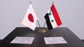 Syria and Japan national flags, political deal, diplomatic meeting. Politics and business 3D illustration