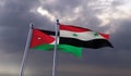 Syria and Jordan, two flags waving against dark cloudy sky