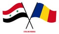 Syria and Romania Flags Crossed And Waving Flat Style. Official Proportion. Correct Colors