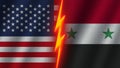 Syria and Usa America Flags Together, Fabric Texture, Thunder Icon, 3D Illustration