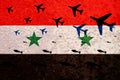 Syrian air strike with bombs. Modern Syrian warplanes drop bombs on the background of the flag. Bombing Of Syria