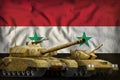 Syrian Arab Republic tank forces concept on the national flag background. 3d Illustration