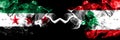 Syrian Arab Republic vs Lebanon, Lebanese smoke flags placed side by side. Thick colored silky smoke flags of Syria opposition and