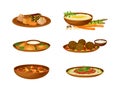 Syrian Cuisine Dishes and Desserts Served on Plate with Hummus and Meatballs Vector Set Royalty Free Stock Photo