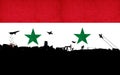 Syrian flag with a black and white illustrations of the war agai