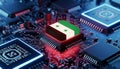A syrian flag on a microchip surrounded by other microchips on a circuit board Royalty Free Stock Photo
