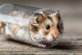 A Syrian hamster is exploring a transparent plastic ball toy Royalty Free Stock Photo