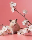 Syrian Hamster sits among cherry blossoms on a pink background. Spring portrait of a cute pet.Happy rodent among flowers Royalty Free Stock Photo