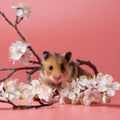 Syrian Hamster sits among cherry blossoms on a pink background. Spring portrait of a cute pet.Happy rodent among flowers