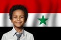 Syrian kid boy on flag of Syria background. Education and childhood concept Royalty Free Stock Photo