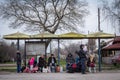 Syrian refugees, a family with women, children and men, waiting to cross the Serbia-Hungary border at Horgos during the refugees