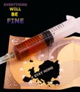 Syringe with against Coronavirus vaccine and a fifty euro banknote on which Europe is marked. Stop the spread of the Covid 19