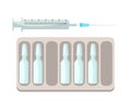 Syringe and ampoule with medicine in container set