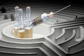 Syringe with ampules inside labyrinth maze. Drug addiction concept. 3D rendering