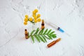 Syringe, ampules, tanacetum and green leaf as conceptual image
