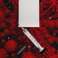 A syringe with antivirus vaccine on a red virus cells background