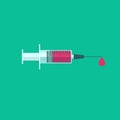 Syringe with blood or vaccine drop vector illustration, flat cartoon medical vaccine needle icon with full of vaccine Royalty Free Stock Photo