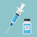 Syringe with blue vaccine, vial of medicine. Vector illustration