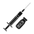 The syringe and bottle of insulin.Medicines for the treatment of diabetes.Diabetes single icon in black style vector