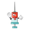 Syringe cartoon character. Medical equipment cute comic icon. Symbol of vaccine against covid-19. Funny vector design isolated on