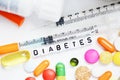 Syringe and colorful pills for diabetes, metabolic disease treatment