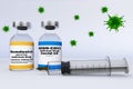 Syringe and a container bottle antiviral drug Regeneron REGN-COV2 Anti-Viral Antibody Cocktail and Remdesivir GS-5734 in the treat Royalty Free Stock Photo