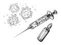 Syringe, coronavirus vaccine and virus, graphic drawing. Royalty Free Stock Photo