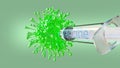 Syringe with COVID-19 disease vaccine destroys coronavirus, conceptual 3D rendering Royalty Free Stock Photo